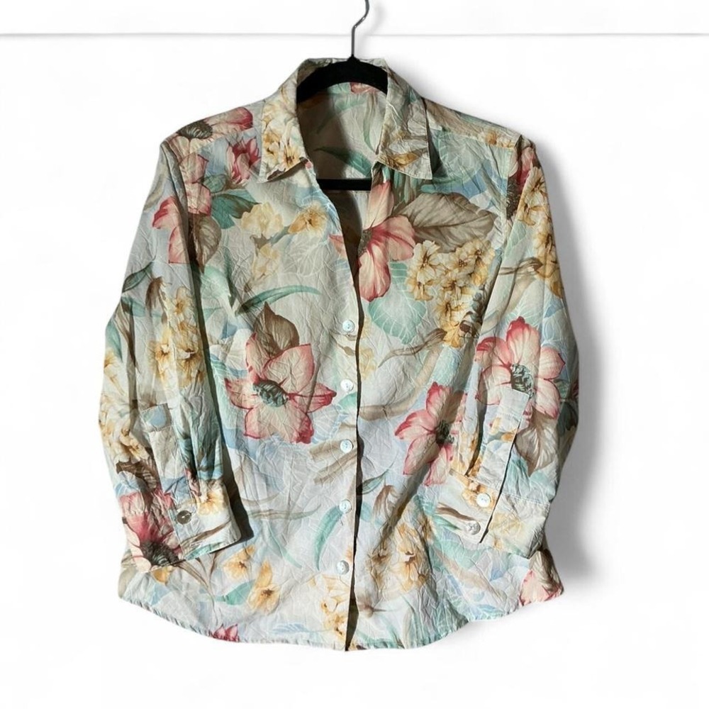 Vintage Cottagecore Tropical Floral Crinkle Button Down Shirt 3/4 Sleeve‎ Pastel
